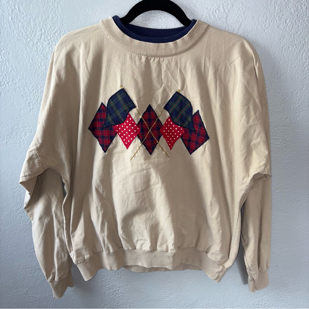Vintage Men's Golf Beige Patchwork Long Sleeve Shirt Size Medium
